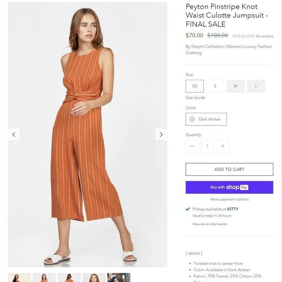 Greylin Pants - Peyton Pinstripe Knot Waist Culotte Jumpsuit Size XL